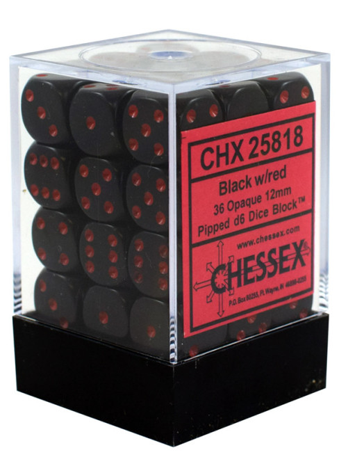CHESSEX - (36)Dice D6 /12 mm - Black w/red