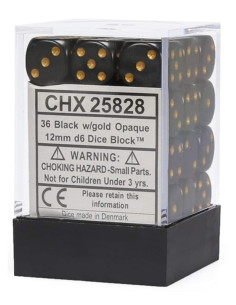 CHESSEX - (36)Dice D6 /12 mm - Black w/gold
