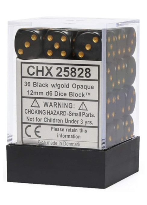 CHESSEX - (36)Dice D6 /12 mm - Black w/gold