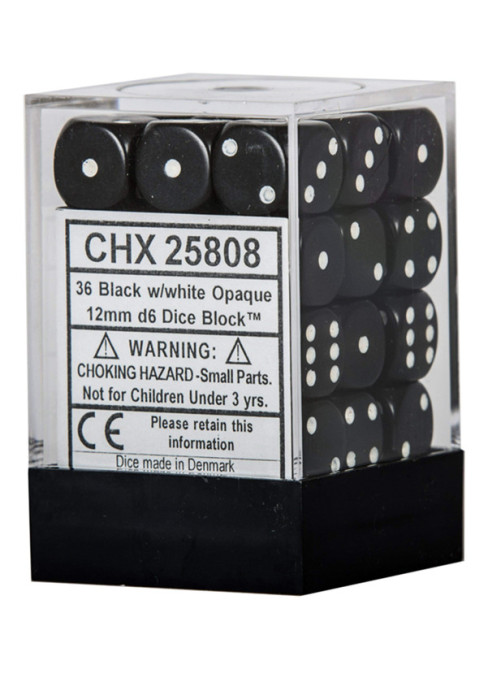 CHESSEX - (36)Dice D6 /12 mm - Black w/white