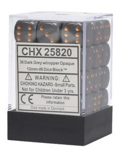 CHESSEX - (36)Dice D6 /12 mm - Dark Grey w/copper
