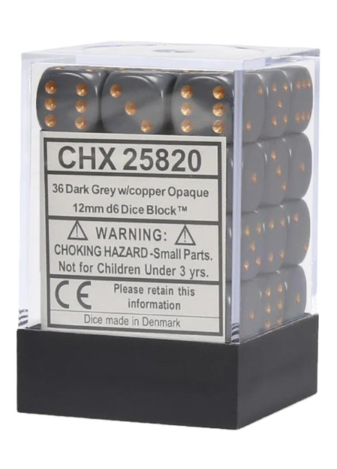 CHESSEX - (36)Dice D6 /12 mm - Dark Grey w/copper